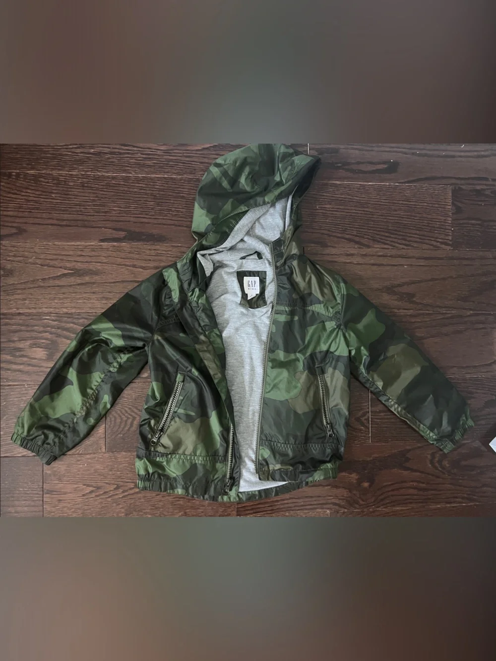 GAP Kids Green Camouflage Hooded Rain Jacket